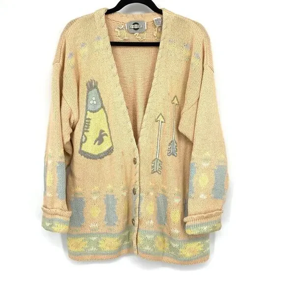 Vintage Chaus Sport V-Neck Cardigan Sweater Womens Sz M Peach Teepee Arrow Print - Picture 1 of 6